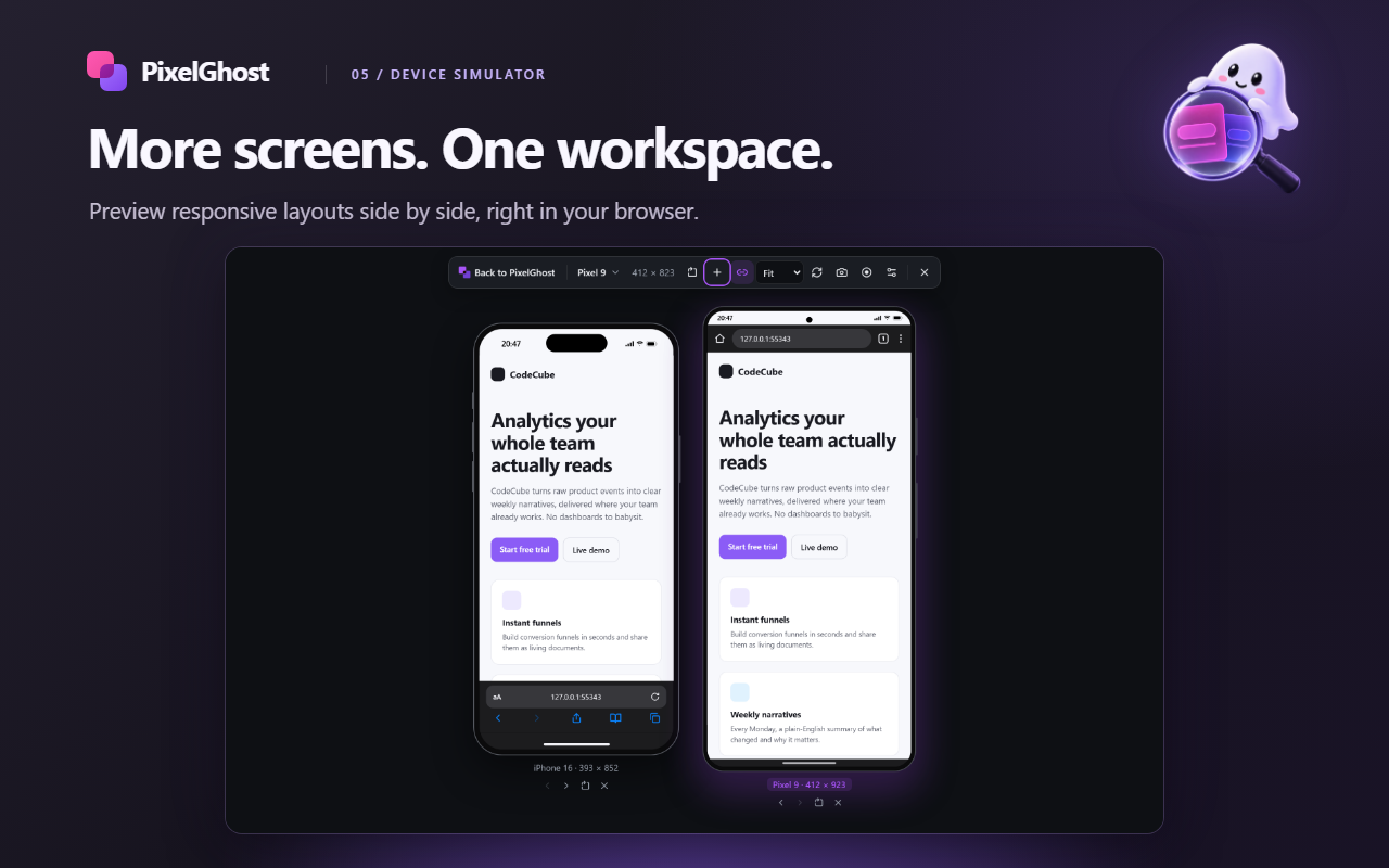 The Device Simulator previewing the same page on an iPhone 16 and a Pixel 9 side by side.
