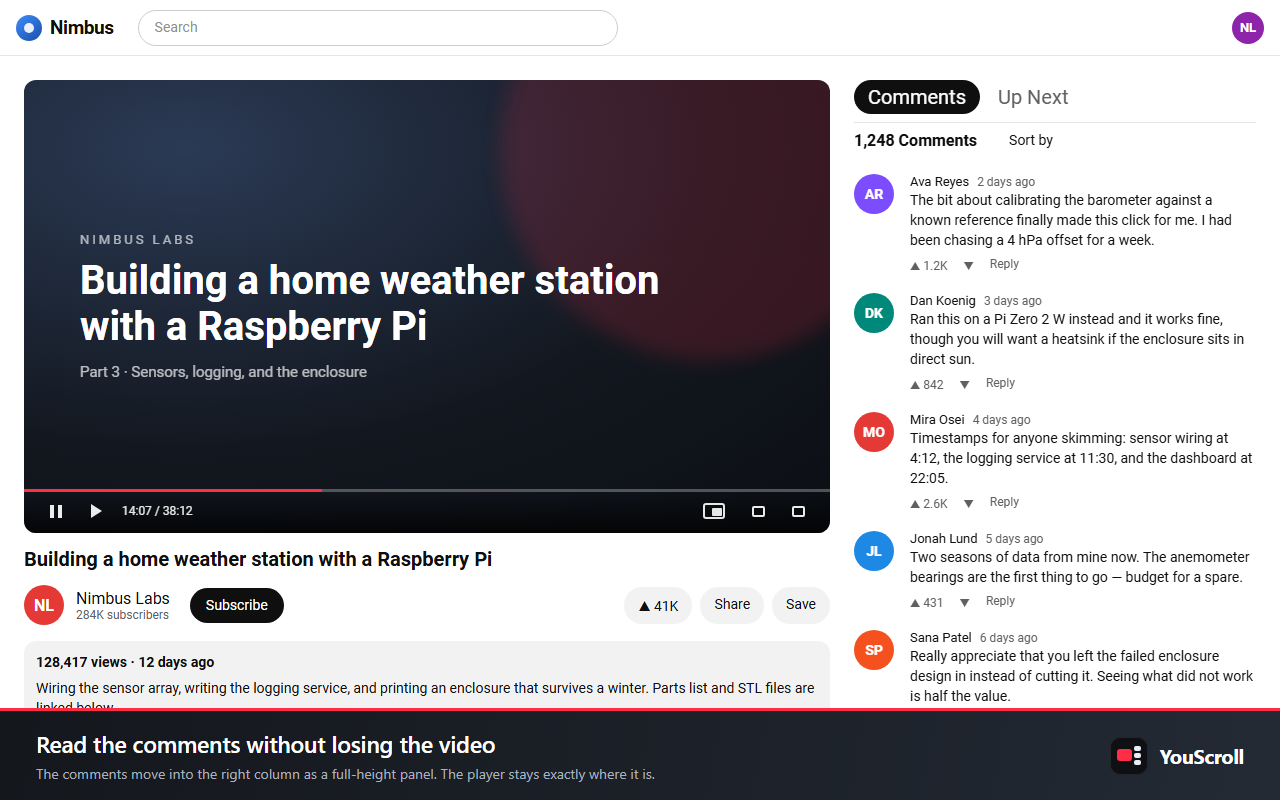 A watch page with the comments pinned in a full-height panel beside the video.